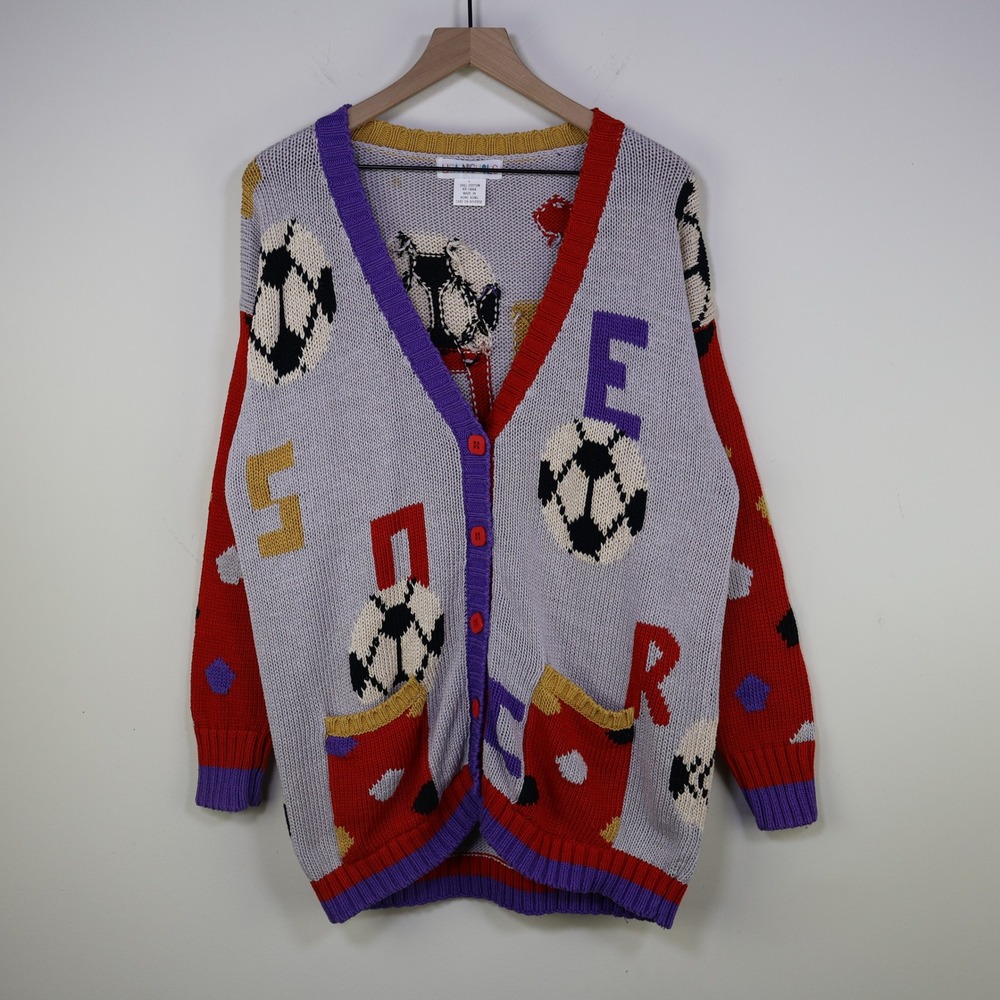 Vintage 90s Lisa Nichols Soccer Novelty Knit Cardigan Large Kitschy Sporty